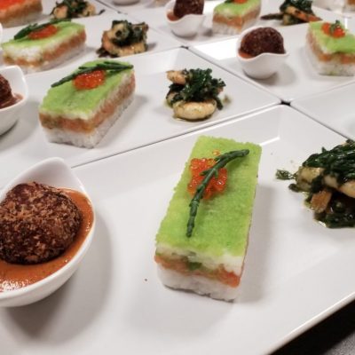 Krebs Bitterballen - Kastensushi - marinierte Scampi